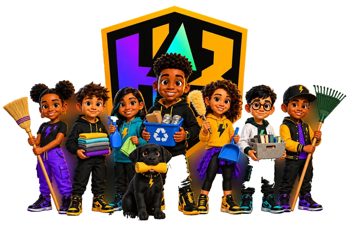 The HustleBoard crew holding chore tools, with their puppy and shield