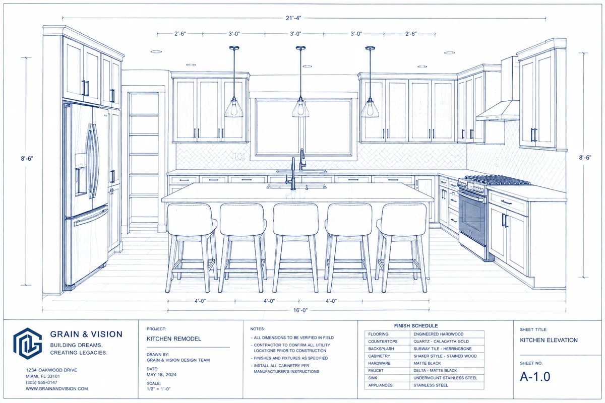 Architectural blueprint of the same kitchen